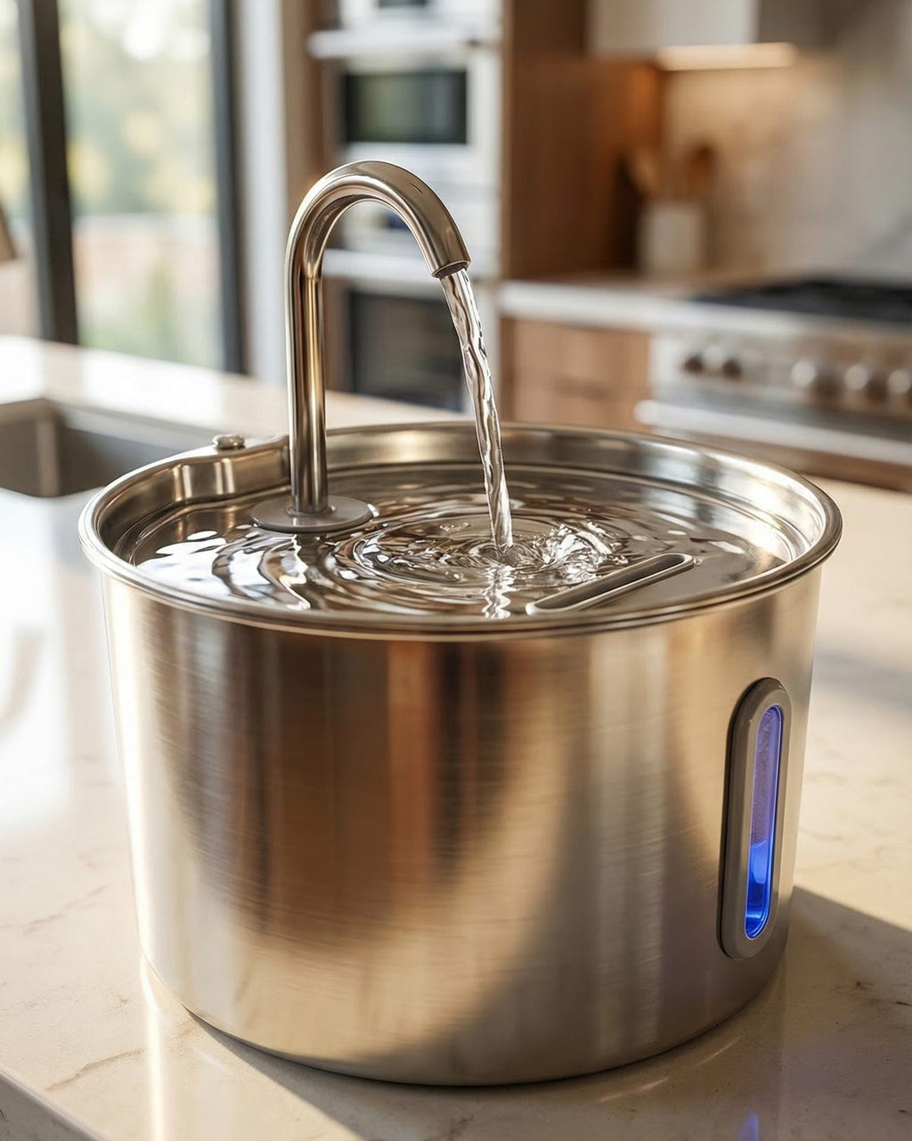 Fontanella per gatti Settevite in acciaio inox su piano cucina, acqua che scorre