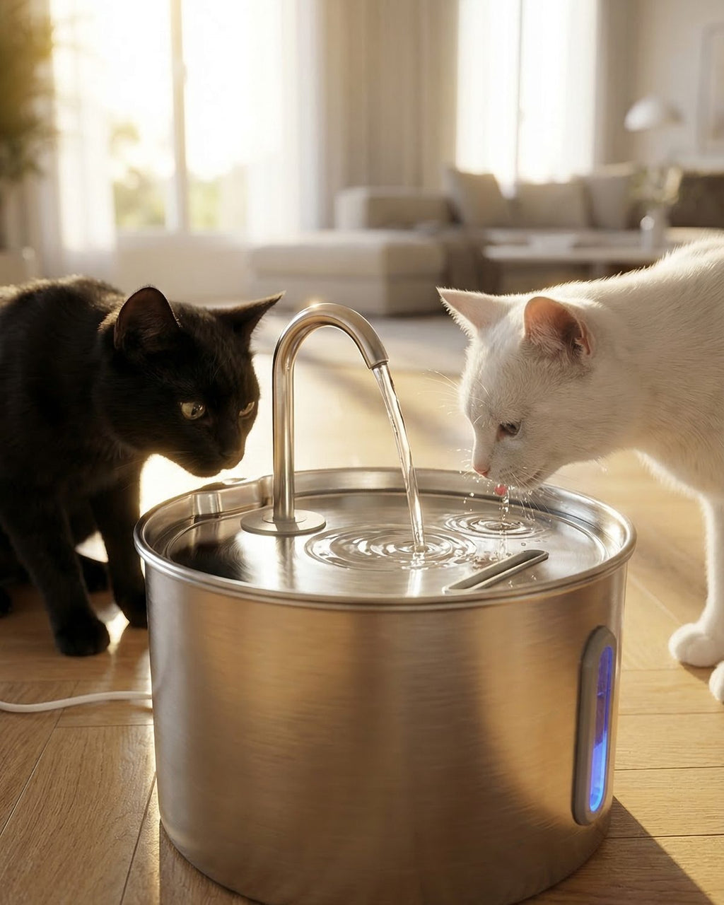 Due gatti bevono dalla fontanella Settevite in acciaio inox