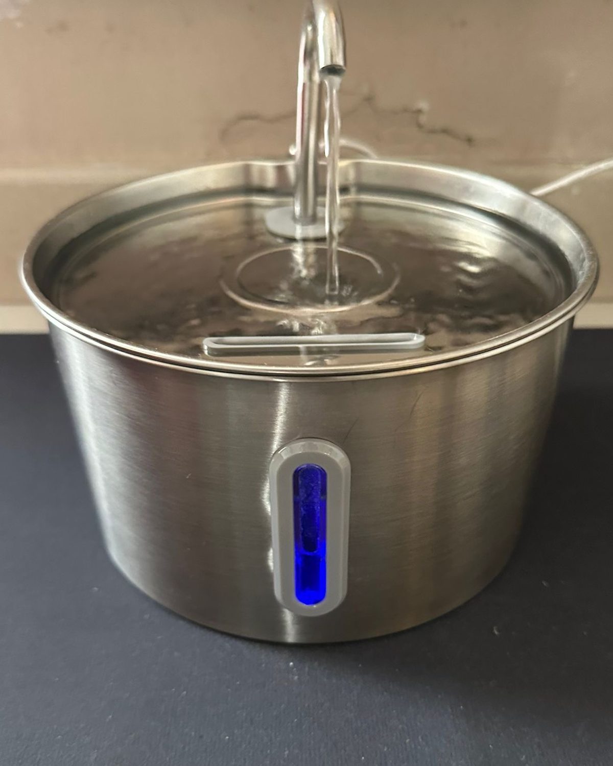 Fontanella per gatti Settevite in acciaio inox, vista frontale con finestra di livello
