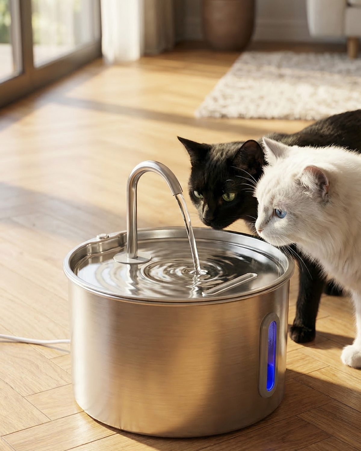 Fontanella per gatti Settevite in acciaio inox in salotto con due gatti